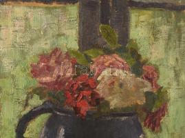 Olvashatatlan jelzéssel, XX. sz. első fele: Csendélet. Olaj, karton. Hátoldalán müncheni kiállítási ...