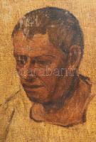 Olvashatatlan jelzéssel: Arckép tanulmány. Olaj, vászon, fára ragasztva. Dekoratív, sérült fakeretbe...