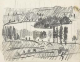 Batári László (1920-1997): Dunakanyar. Szén, papír. Jelzett. 11x14 cm Üvegezett keretben