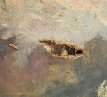 Oláh jelzéssel (Oláh Gusztávné Fodor Róza?): Napfényes terasz. Olaj, vászon, sérült. Dekoratív, sérü...