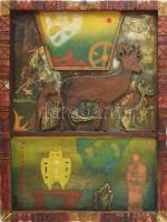 Bálint jelzéssel: Kompozíció. Vegyes technika, kollázs, fa, sérült. Dekoratív fakeretben. 55x40,5 cm.