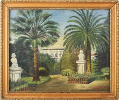 Karabinszky B jelzéssel: Monreale. Vegyes technika, karton, sérült. Dekoratív, üvegezett fakeretben. 37x46 cm.