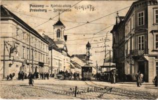 1909 Pozsony, Pressburg, Bratislava; Kórház utca, villamos, Duschinsky G. üzlete / Spitalgasse / street, tram, shops (fl)