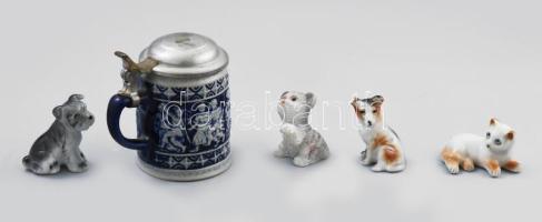 5 db kis méretű kerámia tárgy: 2 db 4 cm kiskutya, 2 db porcelán cica, 1 fajansz korsó 7 cm