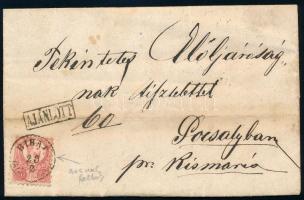 1872 3 db Réznyomat 5kr ajánlott levélen BIHAR, az előoldali bélyegen festékfoltok az arcnál, a hátsó két bélyeg eltépve / torned