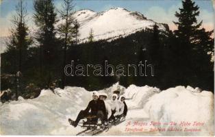 1913 Tátrafüred, Schmecks, Smokovec (Magas-Tátra, Vysoké Tatry); Öt-fős irányítható Bobsleigh indulás a Tarajkáról, szánkózás télen, téli sport / winter sports, sledding people, 5-men controllable bobsled from Hrebienok (szakadás / tear)