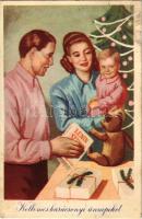 1950 Kellemes karácsonyi ünnepeket! Magyar szocialista propaganda Lenin, Sztálin könyvvel. Művészeti Alkotások / Hungarian Socialist Christmas propaganda with Lenin, Stalin book (fa)