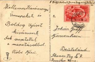 1950 Kellemes karácsonyi ünnepeket! Magyar szocialista propaganda Lenin, Sztálin könyvvel. Művészeti...