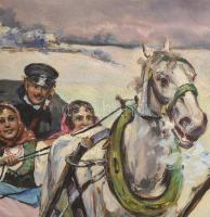 Nik Ivanoff jelzéssel: Téli kirándulás. Olaj, vászon. Dekoratív fakeretben. 80x60 cm