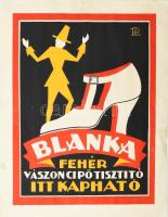 Blanka fehér vászon cipőtisztító itt kapható - reklámgrafika Petten jelzéssel, javított, kartonra ragasztva, 36×27 cm