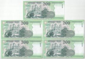 1998. 200Ft (5x) sorszámkövetők "FF 6053492 - FF 6053496" sorszámmal T:UNC Hungary 1998. 2...