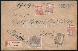 1920 Ajánlott levél 5 db bélyeggel / Registered cover "CSENGER"