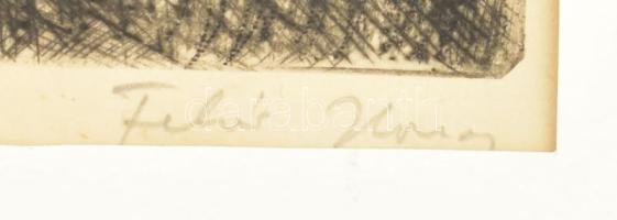 Fehér Ilona (1913-1983): Vízparti táj (Dunapart?). Rézkarc, papír, jelzett, paszpartuban, 21,5x27 cm