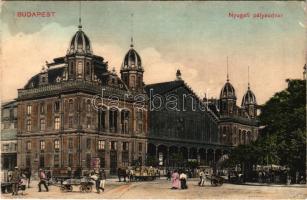 1910 Budapest VI. Nyugati pályaudvar, vasútállomás, villamos, kézikocsik és szekerek (EK)