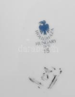 Hollóházi ezüstözött szélű süteményes szett, jelzéssel, kopással, d: 19 cm