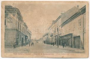 1927 Szászváros, Broos, Orastie; Tér utca, Központi- és Korona szálloda, üzletek. Kiadja A. Branga / Str. Pieti, Hotel Central si Corona / Marketgasse, Hotel Central und Krone / street view, hotels, shops (felületi kopás / worn surface)