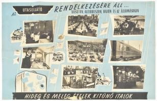 1957 Magyarország autóbuszhálózata, MÁVAUT térkép, hátoldalán Utasellátó reklámmal, kisebb foltokkal...