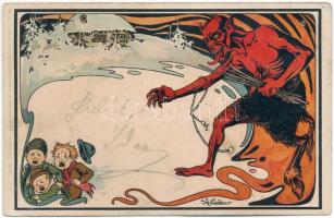 Krampusz / Krampus. G. Rüger & Co. Wien V/I. 1900. No. 51. Art Nouveau litho s: Karl Elleder (lyukak / pinholes)