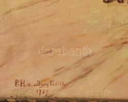 P. H. n. Jung Edith jelzéssel: Utcai jelenet lovaskocsival. Olaj, vászon. Dekoratív fakeretben. 40×5...