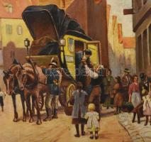 P. H. n. Jung Edith jelzéssel: Utcai jelenet lovaskocsival. Olaj, vászon. Dekoratív fakeretben. 40×5...