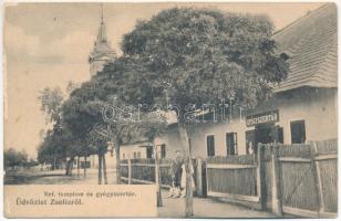 1912 Zselíz, Zeliezovce; Református templom és gyógyszertár / Calvinist church and pharmacy (EK)