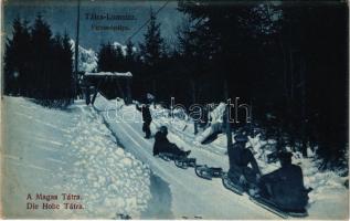 Tátralomnic, Tatranská Lomnica (Magas-Tátra, Vysoké Tatry); Felvonópálya, téli sport, szánkózók felhúzása / winter sport, sledders lift (EK)