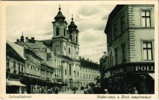 Székesfehérvár, Nádor utca a Zirci templommal, Pollák Rezső cipőgyár üzlete, Meinl fali reklám (EK)