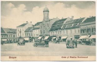 Brassó, Kronstadt, Brasov; Corso si Biserica Romaneasca, farmacie / korzó, templom, gyógyszertár, Viktor Butyka, H. Gati üzlete, automobilok, autóbusz / square, shops, pharmacy, automobiles, autobus, church (EK)