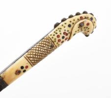 Choora, afgán tőr, XIX. sz., berakásos csont markolattal, sérült bambusz hüvellyel, h: 30 cm / Choor...