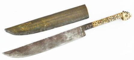 Choora, afgán tőr, XIX. sz., berakásos csont markolattal, bambusz hüvellyel, h: 30 cm / Choora, Afghan dagger, 19th century, with an inlaid bone handle and a bamboo scabbard, length: 30 cm.