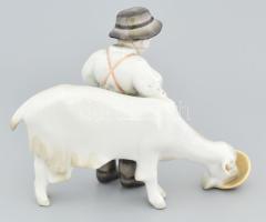 Herendi kecskét itató fiú szobor, jelzés nélkül, sérült, ragasztott, m: 17 cm