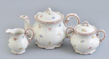 3 darabos Zsolnay teás szett: kanna, tejkiöntő, cukordoboz. Kézzel festett, jelzett, kannán repedéssel