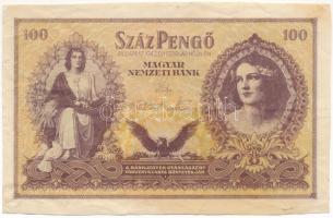 1943. 100P &quot;Szálasi-kiadás&quot; kiadatlan, sor- és sorozatszám nélkül, ívből kivágva T:F fo. Hungary 1943. 100 Pengő &quot;Szálasi edition&quot; officialy unissued, without serial number, cut from sheet C:F spotted Adamo SPT18v