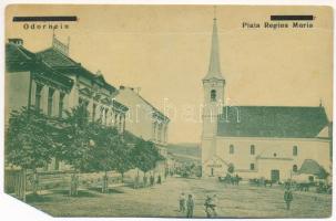 Székelyudvarhely, Odorheiu Secuiesc; Piata Regina Maria / Mária királyné tér, templom, Kovács Gergely üzlete. Erdélyi Simon kiadása / square, church, shop (EM)