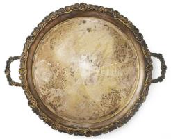 Antik lábas, füles reggeliző tálca. Gazdagon díszített.alpakka, réz. d: 41 cm