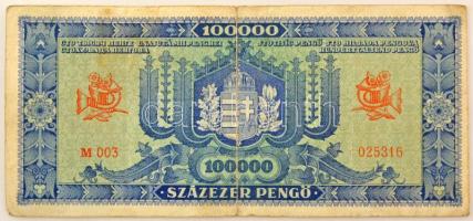 1945. 100.000P kék színű "M 003 025316" korabeli hamis, kézzel rajzolt zöld "MNB"...