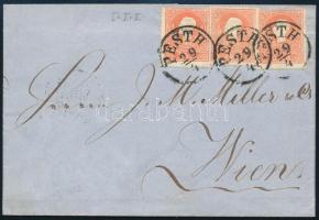 1859 3 x 5kr I. típus enyhén lépcsőzetesen felragasztva levélen "PESTH" (Ferchenbauer EUR 275,-), 1859 3 x 5kr type I. on cover "PESTH" (Ferchenbauer EUR 275,-)