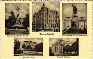 Turnu Severin, Szörényvár; Statuea Imparatului Traian, Mon.-cripta al Eroilor Mehedinteni, Liceul de fete, Teatrul National / statue, heroes' monument and crypt, national theatre, girls' grammar school (EK)