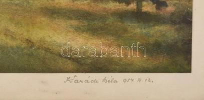 Karádi Béla (?-): Erdőrészlet. Akvarell, papír. Üvegezett, sérült fakeretben. 28x42,5 cm