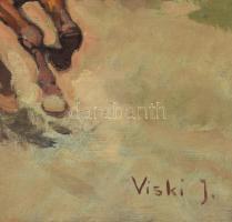 Viski János (1891-1987): Vágtázó szekér. Olaj, vászon, jelzett. Dekoratív fakeretben, 60x80 cm