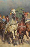 Viski János (1891-1987): Vágtázó szekér. Olaj, vászon, jelzett. Dekoratív fakeretben, 60x80 cm