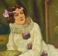Geiger Richárd (1870-1945): Cigarettázó hölgy. Olaj, karton, jelezve jobbra lent. 23×31 cm. / oil on...