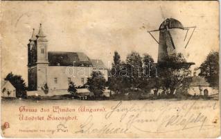 1900 Sásony, Windten, Winden am See; templom és szélmalom. Amon & Wolf / Kirche und Windmühle / church and winmill (tűnyomok / pin marks)