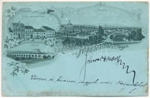 1905 Nagymarton, Mattersdorf, Mattersburg; Platz mit Sparkassa und Schule, Viaduct / Fő tér, Takarékpénztár, iskola, vasúti viadukt, gőzmozdony, vonat / main square, savings bank, school, railway viaduct, train, locomotive. Art Nouveau, floral, litho (fl)