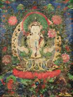 Thangka Csenrézi Buddha ábrázolással Kína XX. sz közepe. Nyomat vásznon 65x90 cm