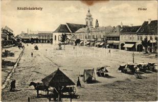 Kézdivásárhely, Targu Secuiesc; Fő tér, piac, Alberti Albert üzlete, gyógyszertár. Turóczi István kiadása / main square, market, shops, pharmacy (fl)