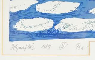 Szánthó Imre (1925-1998): Szentendre jégzajlás szitanyomat, papír, jelzett 43x30cm Üvegezett keretbe...