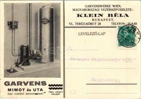 1936 Garvens Mimot és Uta házi vízellátó berendezések. Garvenswerke Wien magyarországi vezérképviselete: Klein Béla, Budapest VI. Teréz körút 20. / household water supply equipment advertisement card in Hungarian (EK)