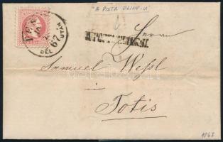 1867 5kr levélen / on cover "PEST / DÉLUTÁN" + "A POSTA (EL)IND. U." - Totis