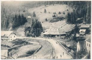 1915 Tihuca, Tihuta (Báránykő, Piatra Fantanel); út Borgóprund felé, erdőőr, erdészet, fatelep, csendőrségi laktanya. Chencinski Jakab kiadása / road to Prundu Bargaului, forestry, sawmill, gendarme barracks (EK) + K.u.k. Militärzensur in Borgóprund